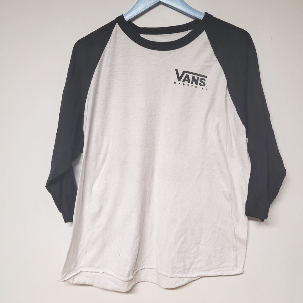 Vans Warped Tour 25th Anniversary Shirt Mens Large White Black Raglan 3/4 Sleeve